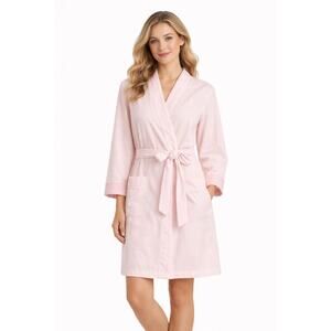 1990s Bonsoir Kassatly Pink Cotton Belted Robe Herringbone Trim Medium